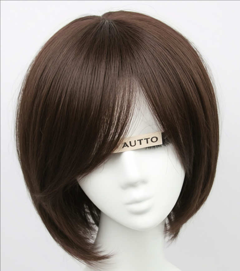 AUTTO Short Brown Bob Wigs for Women Brown Mixed Blonde Synthetic Wig with Bangs Natural Looking Daily Party Wig