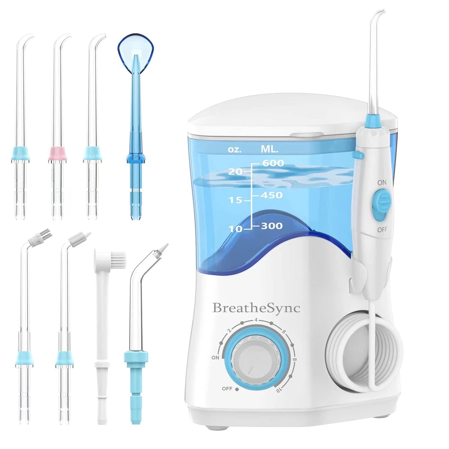 BreatheSync Aquarius Water Flosser For Teeth Cleaning, Gums, Braces, Dental Care, Electric Power With 10 Settings, 7 Tips For Multiple Users And Needs, White
