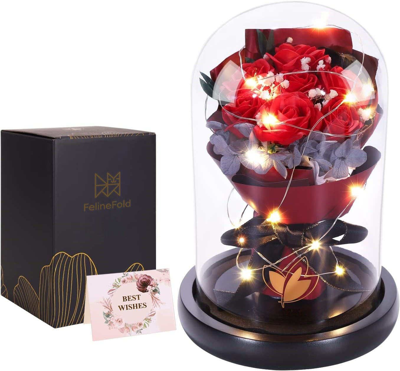 FelineFold Valentines Gifts for Her,Valentines Flower Beauty and The Beast Rose in Glass Dome with 2 Lighting Mode,Forever Flowers Bouquets Valentines Gifts for Girlfriend Wife on Anniversary Birthday 
