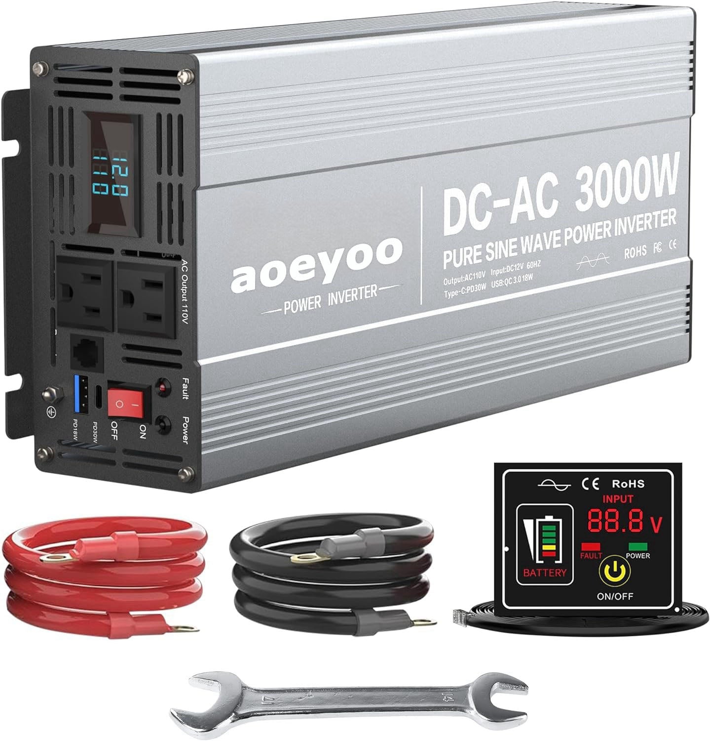 aoeyoo 3000 Watt Pure Sine Wave Power Inverter DC 12V to 110V/120V AC Converter with 2 AC,18W USB, and 30W Type-C Charging Ports, Car Solar Power Inverters with LCD Display for Home RV Truck