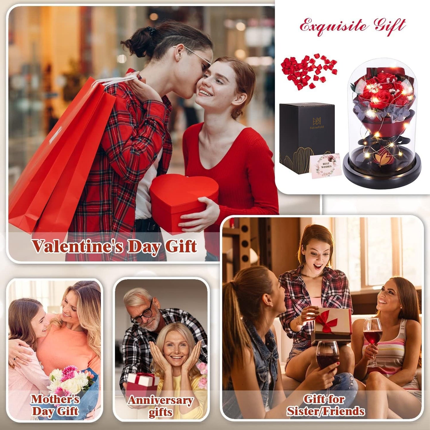 FelineFold Valentines Gifts for Her,Valentines Flower Beauty and The Beast Rose in Glass Dome with 2 Lighting Mode,Forever Flowers Bouquets Valentines Gifts for Girlfriend Wife on Anniversary Birthday 