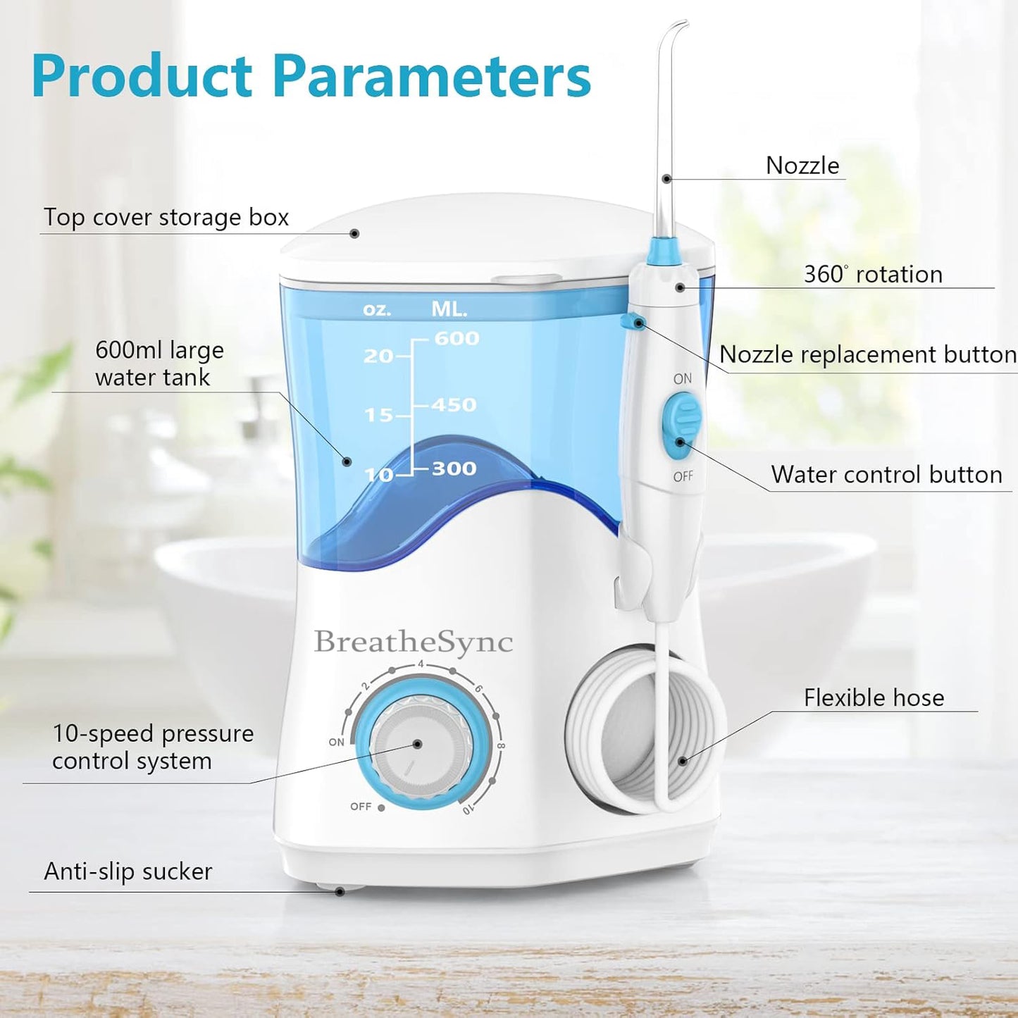 BreatheSync Aquarius Water Flosser For Teeth Cleaning, Gums, Braces, Dental Care, Electric Power With 10 Settings, 7 Tips For Multiple Users And Needs, White