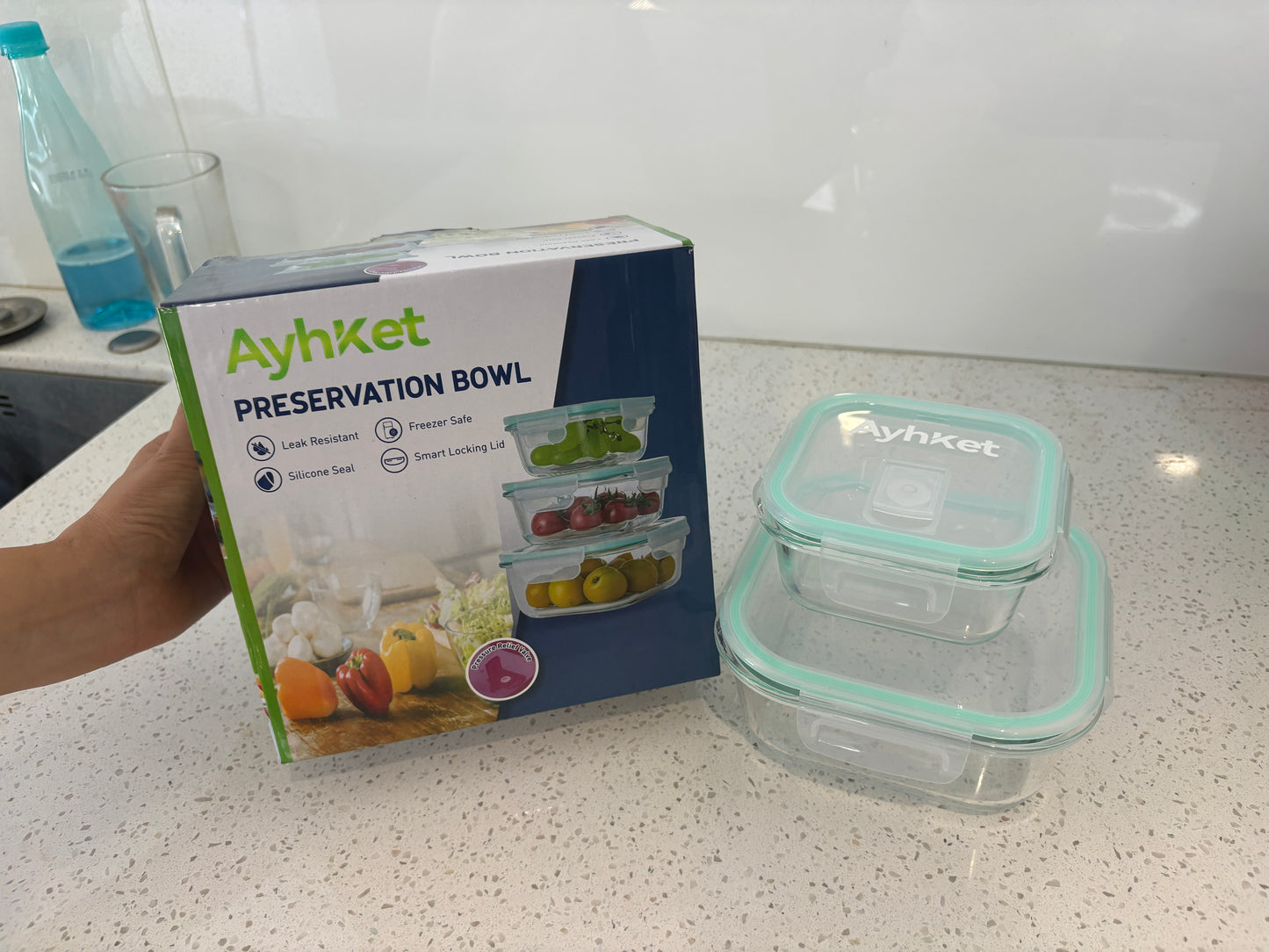 Ayhket Glass Food Storage Containers with Lids Airtight 2 Pack, Glass Storage Containers with Lids for Food, Not Easy Broken & Leak Proof, Glass Containers with Lids for Oven/Dishwasher Safe, Blue