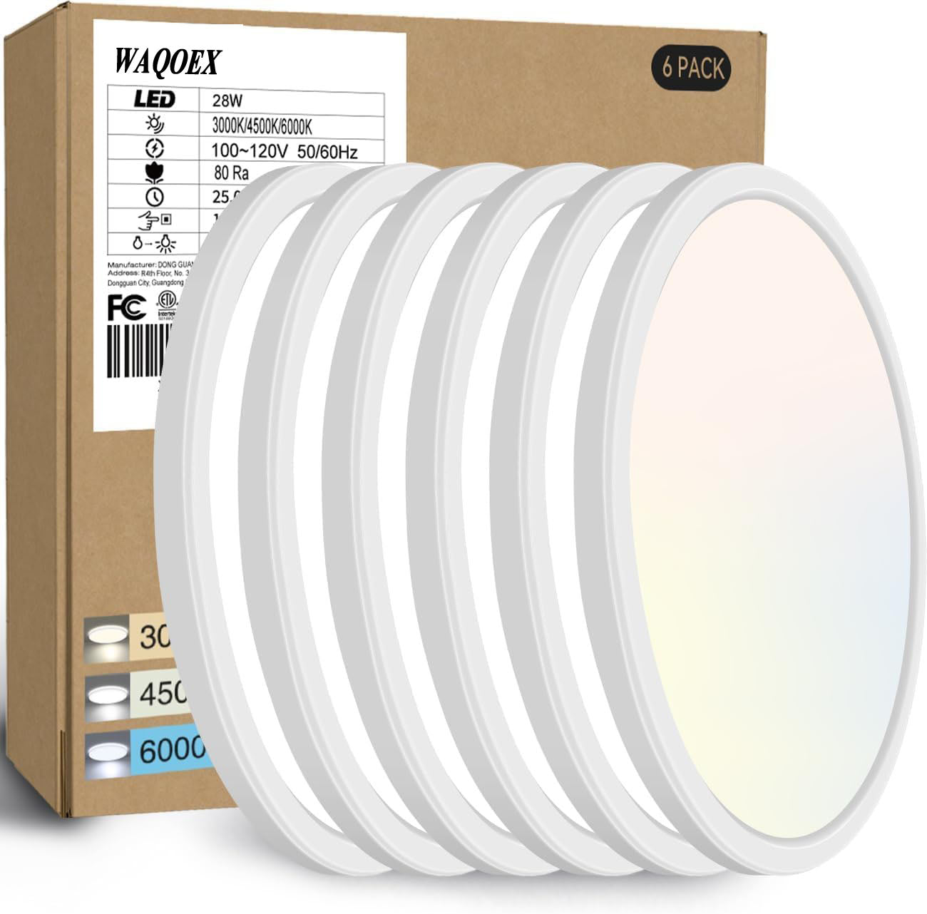 WAQOEX 6Pack 12 Inch LED Ceiling Light, Super Slim LED Ceiling Light, Temperature in One 3000k/4500k/6000K Round Light Fixture