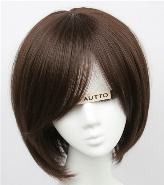 AUTTO Short Brown Bob Wigs for Women Brown Mixed Blonde Synthetic Wig with Bangs Natural Looking Daily Party Wig