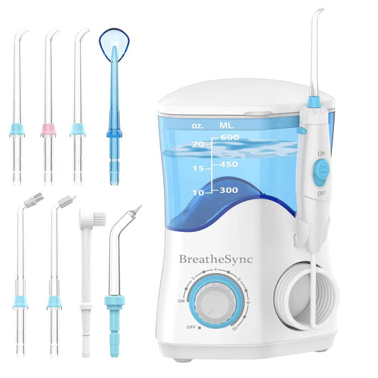 BreatheSync Aquarius Water Flosser For Teeth Cleaning, Gums, Braces, Dental Care, Electric Power With 10 Settings, 7 Tips For Multiple Users And Needs, White