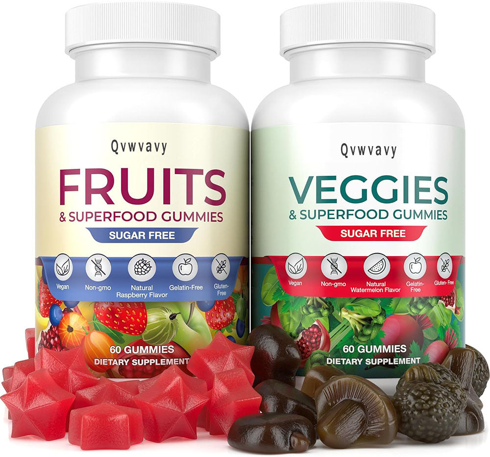 Qvwvavy (120 Chews) Fruits and Veggies Supplement - Superfood Fruits and Veggies Gummies (9 Superfruits & 30 Veggies) Mushrooms, Fruit and Vegetable Vitamins, Non-GMO, Pectin-Based, Gluten-Free, No Capsules